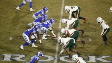 DURHAM, NC - NOVEMBER 30: Duke football players face off at the line of scrimmage against the Miami Hurricanes during a game at Wallace Wade Stadium on November 30, 2019 in Durham, North Carolina. Duke defeated Miami 27-17. (Photo by Joe Robbins/Getty Images)