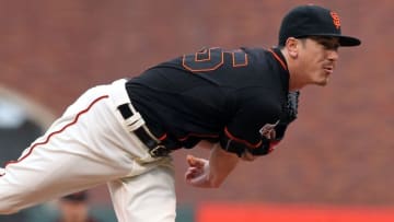 May 30, 2015; San Francisco, CA, USA; San Francisco Giants starting pitcher Tim Lincecum (55) throws against the Atlanta Braves in the first inning of their MLB baseball game at AT&T Park. Mandatory Credit: Lance Iversen-USA TODAY Sports