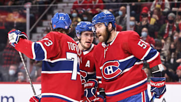Nov 6, 2021; Montreal, Quebec, CAN; Montreal Canadiens Brendan Gallagher David Savard and Tyler Toffoli. Mandatory Credit: Jean-Yves Ahern-USA TODAY Sports
