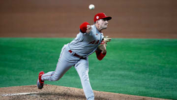 ARLINGTON, TEXAS - APRIL 28: Chris Rodriguez #73 of the Los Angeles Angels pitches against the Texas Rangers in the bottom of the fifth inning at Globe Life Field on April 28, 2021 in Arlington, Texas. (Photo by Tom Pennington/Getty Images)