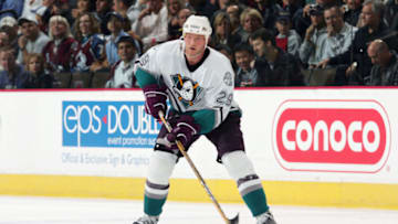 DENVER, CO - NOVEMBER 3: Todd Fedoruk #29 of the Anaheim Mighty Ducks looks to pass the puck against the Colorado Avalanche during their NHL game on November 3, 2005 at the Pepsi Center in Denver, Colorado. The Avalanche defeated the Ducks 4-3. (Photo by Doug Pensinger/Getty Images)