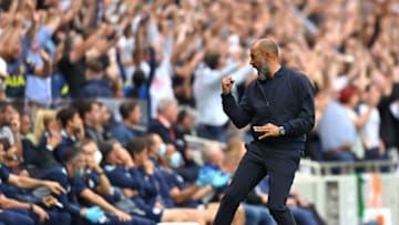 LONDON, ENGLAND - AUGUST 15: Nuno Espirito Santo, Manager of Tottenham Hotspur celebrates their side's first goal scored by Heung-Min Son of Tottenham Hotspur (not pictured) during the Premier League match between Tottenham Hotspur and Manchester City at Tottenham Hotspur Stadium on August 15, 2021 in London, England. (Photo by Michael Regan/Getty Images)