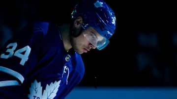 TORONTO, ON - APRIL 23: Auston Matthews #34 of the Toronto Maple Leafs skates during the introduction before playing the Boston Bruins in Game Six of the Eastern Conference First Round during the 2018 NHL Stanley Cup Playoffs at the Air Canada Centre on April 23, 2018 in Toronto, Ontario, Canada. (Photo by Kevin Sousa/NHLI via Getty Images)