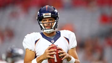 Sep 1, 2016; Glendale, AZ, USA; Denver Broncos quarterback Mark Sanchez prior to the game against the Arizona Cardinals during a preseason game at University of Phoenix Stadium. Mandatory Credit: Mark J. Rebilas-USA TODAY Sports