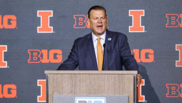 Oct 10, 2023; Minneapolis, MN, USA; Illinois Fighting Illini head coach Brad Underwood speaks to the media during the Big Ten basketball media days at Target Center. Mandatory Credit: Matt Krohn-USA TODAY Sports