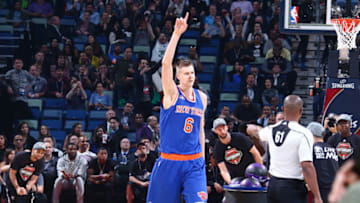 NEW ORLEANS, LA - FEBRUARY 18: Kristaps Porzingis #6 of the New York Knicks wins during the Taco Bell Skills Challenge during State Farm All-Star Saturday Night as part of the 2017 NBA All-Star Weekend on February 18, 2017 at the Smoothie King Center in New Orleans, Louisiana. NOTE TO USER: User expressly acknowledges and agrees that, by downloading and/or using this photograph, user is consenting to the terms and conditions of the Getty Images License Agreement. Mandatory Copyright Notice: Copyright 2017 NBAE (Photo by Nathaniel S. Butler/NBAE via Getty Images)