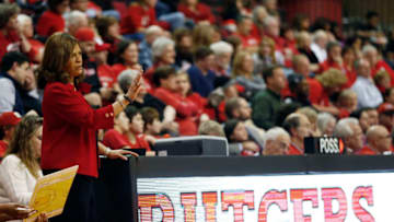 PISCATAWAY, NJ - FEBRUARY 26: Head coach C. Vivian Stringer of the Rutgers Scarlet Knights signals to her team during a game against the South Florida Bulls in a game at the Louis Brown Athletic Center on February 26, 2013 in Piscataway, New Jersey. Rutgers defeated South Florida 68-56 for Stringers' 900th career win. (Photo by Rich Schultz /Getty Images)