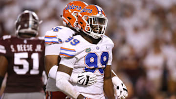 STARKVILLE, MS - SEPTEMBER 29: Jachai Polite #99 of the Florida Gators celebrates a sack during the second half against the Mississippi State Bulldogs at Davis Wade Stadium on September 29, 2018 in Starkville, Mississippi. (Photo by Jonathan Bachman/Getty Images)