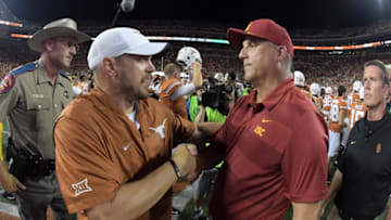 Tom Herman, Clay Helton, Texas Football Mandatory Credit: Kirby Lee-USA TODAY Sports