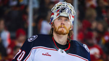 Jan 23, 2023; Calgary, Alberta, CAN; Columbus Blue Jackets goaltender Joonas Korpisalo (70) during the overtime period against the Calgary Flames at Scotiabank Saddledome. Mandatory Credit: Sergei Belski-USA TODAY Sports
