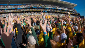 Nov 13, 2021; Waco, Texas, USA; A view of the Baylor Bears students and fans as they celebrate on the field after the game between the Baylor Bears and the Oklahoma Sooners at McLane Stadium. Mandatory Credit: Jerome Miron-USA TODAY Sports