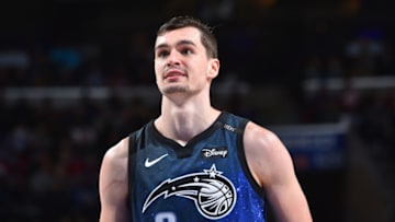 PHILADELPHIA,PA - FEBRUARY 24 : Mario Hezonja #8 of the Orlando Magic looks on against Philadelphia 76ers during game at the Wells Fargo Center on February 24, 2018 in Philadelphia, Pennsylvania NOTE TO USER: User expressly acknowledges and agrees that, by downloading and/or using this Photograph, user is consenting to the terms and conditions of the Getty Images License Agreement. Mandatory Copyright Notice: Copyright 2018 NBAE (Photo by Jesse D. Garrabrant/NBAE via Getty Images