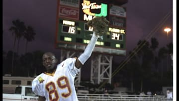 12 Oct 1996: Wide receiver Wayne Messam of the Florida State Seminoles celebrates during a game against the Miami Hurricanes at the Orange Bowl in Coral Gables, Florida. FSU won the game, 34-16. Mandatory Credit: Andy Lyons /Allsport