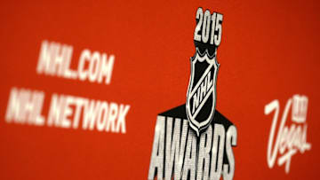 Jun 23, 2015; Las Vegas, NV, USA; A detailed view of signage during a press conference in advance of the 2015 NHL Awards at MGM Grand. Mandatory Credit: Jake Roth-USA TODAY Sports