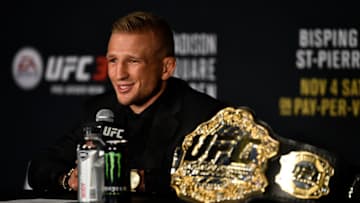 NEW YORK, NY - NOVEMBER 04: TJ Dillashaw speaks to the media during the UFC 217 post fight press conference event inside Madison Square Garden on November 4, 2017 in New York City. (Photo by Jeff Bottari/Zuffa LLC/Zuffa LLC via Getty Images)