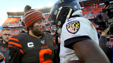 CLEVELAND, OH - DECEMBER 22: Lamar Jackson #8 of the Baltimore Ravens shakes hands with Baker Mayfield #6 of the Cleveland Browns after the game at FirstEnergy Stadium on December 22, 2019 in Cleveland, Ohio. Baltimore defeated Cleveland 31-15. (Photo by Kirk Irwin/Getty Images)