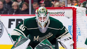 Oct 29, 2016; Saint Paul, MN, USA; Minnesota Wild goalie Devan Dubnyk (40) in the second period against the Dallas Stars at Xcel Energy Center. Mandatory Credit: Brad Rempel-USA TODAY Sports
