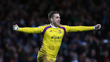 Adrian of West Ham celebrates after scoring the winning penalty to make it 9-8 (Photo by AMA/Corbis via Getty Images)