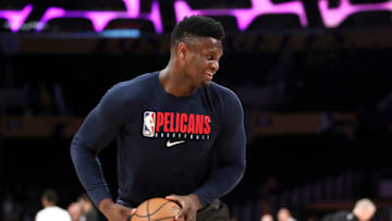 Former Duke basketball star Zion Williamson warms up with the New Orleans Pelicans. (Photo by Katelyn Mulcahy/Getty Images)