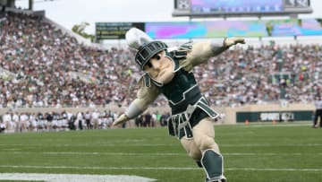 EAST LANSING, MI - SEPTEMBER 20: Michigan State Spartans mascott "SPARTY" entertains the fans during the third quarter of the game against Eastern Michigan Eagles at Spartan Stadium on September 20, 2014 in East Lansing, Michigan. Michigan State defeated Eastern Michigan 73-14. (Photo by Leon Halip/Getty Images)