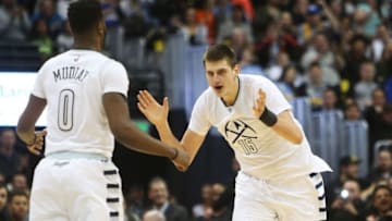 Dec 19, 2016; Denver, CO, USA; Denver Nuggets forward Nikola Jokic (15) reacts after scoring during the second half against the Dallas Mavericks at Pepsi Center. The Nuggets 117-107. Mandatory Credit: Chris Humphreys-USA TODAY Sports