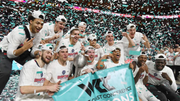 LAS VEGAS, NEVADA - MARCH 10: The Gonzaga Bulldogs celebrate with the trophy after defeating the Saint Mary's Gaels 84-66 to win the championship game of the West Coast Conference basketball tournament at the Orleans Arena on March 10, 2020 in Las Vegas, Nevada. (Photo by Ethan Miller/Getty Images)