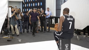 BROOKLYN, NY - SEPTEMBER 27: A behind the scenes photo of Kevin Durant #7 of the Brooklyn Nets posing for a portrait at Media Day on September 27, 2019 at HSS Training Center in Brooklyn, New York. NOTE TO USER: User expressly acknowledges and agrees that, by downloading and/or using this photograph, user is consenting to the terms and conditions of the Getty Images License Agreement. Mandatory Copyright Notice: Copyright 2019 NBAE (Photo by Jeyhoun Allebaugh/NBAE via Getty Images)
