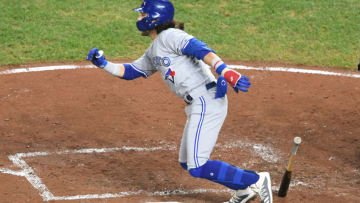 BALTIMORE, MD - SEPTEMBER 19: Bo Bichette #11 of the Toronto Blue Jays takes a swing during a baseball game against the Baltimore Orioles at Oriole Park at Camden Yards on September 19, 2019 in Baltimore, Maryland. (Photo by Mitchell Layton/Getty Images)