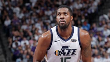 SACRAMENTO, CA - OCTOBER 17: Derrick Favors #15 of the Utah Jazz attempts a free-throw shot against the Sacramento Kings on October 17, 2018 at Golden 1 Center in Sacramento, California. Copyright 2018 NBAE (Photo by Rocky Widner/NBAE via Getty Images)