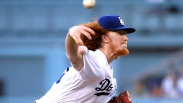 LOS ANGELES, CALIFORNIA - AUGUST 02: Dustin May #85 of the Los Angeles Dodgers pitches in his first MLB game against the San Diego Padres during the first inning at Dodger Stadium on August 02, 2019 in Los Angeles, California. (Photo by Harry How/Getty Images)