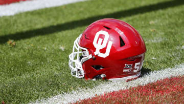 NORMAN, OK - APRIL 24: An Oklahoma Sooners helmet sits in the end zone before the team's spring game at Gaylord Family Oklahoma Memorial Stadium on April 24, 2021 in Norman, Oklahoma. (Photo by Brian Bahr/Getty Images)