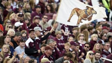 Nov 8, 2014; Starkville, MS, USA; A Mississippi State Bulldogs fan waves a bulldogs flag against the UT Martin Skyhawks during the first quarter at Davis Wade Stadium. Mandatory Credit: John David Mercer-USA TODAY Sports