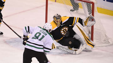BOSTON, MA - JANUARY 15: Tyler Seguin #91 of the Dallas Stars scores in overtime against Anton Khudobin #35 of the Boston Bruins at the TD Garden on January 15, 2018 in Boston, Massachusetts. (Photo by Steve Babineau/NHLI via Getty Images)
