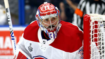 TAMPA, FLORIDA - JUNE 28: Carey Price #31 of the Montreal Canadiens watches the play against the Tampa Bay Lightning during the second period in Game One of the 2021 NHL Stanley Cup Final at Amalie Arena on June 28, 2021 in Tampa, Florida. (Photo by Bruce Bennett/Getty Images)