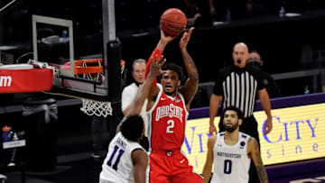 Dec 26, 2020; Evanston, Illinois, USA; Ohio State Buckeyes guard Musa Jallow (2) shoots in the first half against Northwestern Wildcats guard Anthony Gaines (11) at Welsh-Ryan Arena. Mandatory Credit: Quinn Harris-USA TODAY Sports
