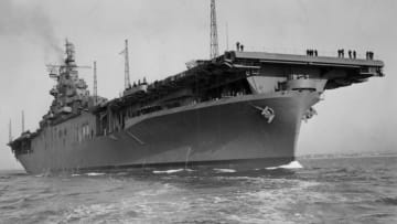 15th April 1943: Aircraft carrier USS 'Yorktown', a recipient of a Presidential Citation for its participation in the Pacific Conflict through all its stages. (Photo by Keystone/Getty Images)