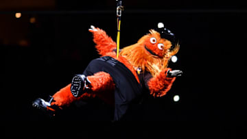 PHILADELPHIA, PA - NOVEMBER 23: Flyers mascot Gritty is lowered to the ice before the game between the Philadelphia Flyers and New York Rangers on November 23, 2018 at Wells Fargo Center in Philadelphia, PA. (Photo by Kyle Ross/Icon Sportswire via Getty Images)