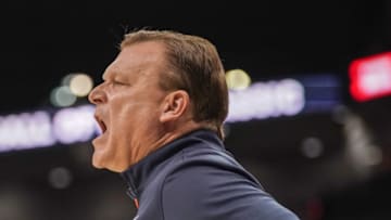 Nov 23, 2021; Kansas City, Missouri, USA; Illinois Fighting Illini head coach Brad Underwood reacts to play against the Kansas State Wildcats during the second half at T-Mobile Center. Mandatory Credit: Denny Medley-USA TODAY Sports