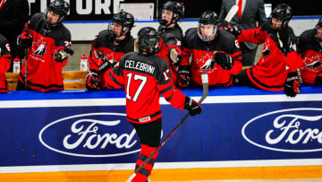 BASEL, SWITZERLAND - APRIL 29: Macklin Celebrini of Canada celebrates his goal during the semi final of U18 Ice Hockey World Championship match between Sweden and Canada at St. Jakob-Park on April 29, 2023 in Basel, Switzerland. (Photo by Jari Pestelacci/Eurasia Sport Images/Getty Images)