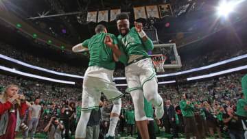 BOSTON, MA - MAY 23: Jayson Tatum #0 and Jaylen Brown #7 of the Boston Celtics are introduced prior to Game Five of the Eastern Conference Finals during the 2018 NBA Playoffs against the Cleveland Cavaliers on May 23, 2018 at the TD Garden in Boston, Massachusetts. NOTE TO USER: User expressly acknowledges and agrees that, by downloading and/or using this photograph, user is consenting to the terms and conditions of the Getty Images License Agreement. Mandatory Copyright Notice: Copyright 2018 NBAE (Photo by Nathaniel S. Butler/NBAE via Getty Images)