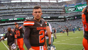 Sep 13, 2015; East Rutherford, NJ, USA; Cleveland Browns quarterback Johnny Manziel (2) walks off the field after their game against the New York Jets at MetLife Stadium. The Jets defeated the Browns 31-10. Mandatory Credit: Ed Mulholland-USA TODAY Sports