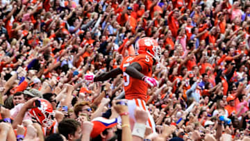 CLEMSON, SC - OCTOBER 20: Wide receiver Tee Higgins #5 of the Clemson Tigers runs to the field for the Tigers' football game against the North Carolina State Wolfpack at Clemson Memorial Stadium on October 20, 2018 in Clemson, South Carolina. (Photo by Mike Comer/Getty Images)