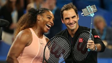 PERTH, AUSTRALIA - JANUARY 01: Serena Williams of the United States and Roger Federer of Switzerland take a selfie following their mixed doubles match during day four of the 2019 Hopman Cup at RAC Arena on January 01, 2019 in Perth, Australia. (Photo by Paul Kane/Getty Images)