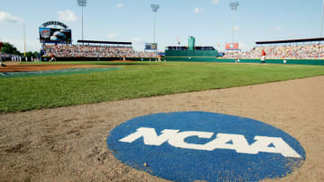 OMAHA, NE - JUNE 24: The NCAA logo is shown on the field before the Oregon State Beavers game against the North Carolina Tar Heels during game one of the NCAA College World Series Baseball Championship at Rosenblatt Stadium on June 24, 2006 in Omaha, Nebraska. The Tar Heels defeated the Beavers 4-3. (Photo by Doug Pensinger/Getty Images)