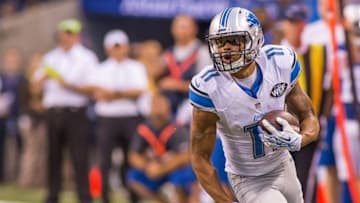 Sep 11, 2016; Indianapolis, IN, USA; Detroit Lions wide receiver Marvin Jones (11) runs the ball in the second half of the game against the Indianapolis Colts at Lucas Oil Stadium. the Detroit Lions beat the Indianapolis Colts by the score of 39-35. Mandatory Credit: Trevor Ruszkowski-USA TODAY Sports