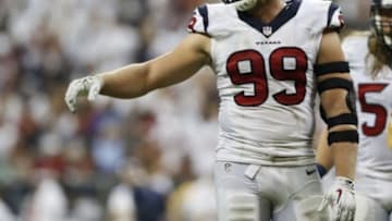 Sep 7, 2014; Houston, TX, USA; Houston Texans defensive end J.J. Watt (99) during the game against the Washington Redskins at NRG Stadium. Mandatory Credit: Kevin Jairaj-USA TODAY Sports