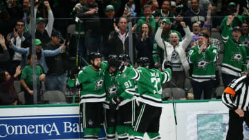 DALLAS, TX - NOVEMBER 21: Jamie Benn #14, Tyler Seguin #91 and the Dallas Stars celebrate a goal against the Winnipeg Jets at the American Airlines Center on November 21, 2019 in Dallas, Texas. (Photo by Glenn James/NHLI via Getty Images)