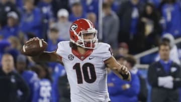 Nov 5, 2016; Lexington, KY, USA; Georgia Bulldogs quarterback Jacob Eason (10) passes the ball against the Kentucky Wildcats in the second half at Commonwealth Stadium. Georgia defeated Kentucky 27-24. Mandatory Credit: Mark Zerof-USA TODAY Sports
