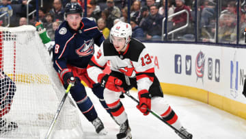 COLUMBUS, OH - JANUARY 18: Nico Hischier #13 of the New Jersey Devils skates against the Columbus Blue Jackets on January 18, 2020 at Nationwide Arena in Columbus, Ohio. (Photo by Jamie Sabau/NHLI via Getty Images)