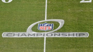 KANSAS CITY, MISSOURI - JANUARY 19: The NFL Championship logo is seen on the field before the AFC Championship Game between the Kansas City Chiefs and the Tennessee Titans at Arrowhead Stadium on January 19, 2020 in Kansas City, Missouri. (Photo by Peter Aiken/Getty Images)